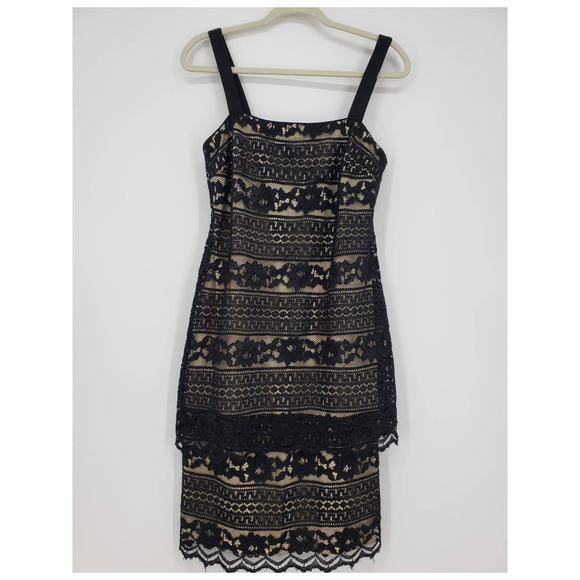 3/$25 R&M Richards Lace Cocktail Dress 6 Sheath Tiered Layered Square Neck Black - Picture 1 of 10